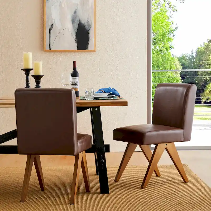Faux Leather Upholstered Dining Chairs with V-Shaped Wood Legs