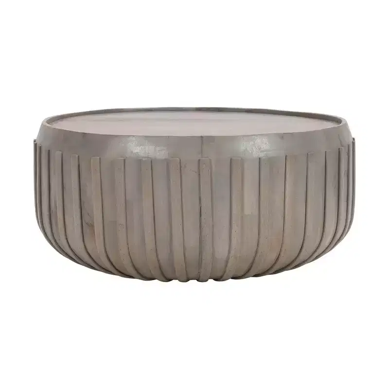 36 Inch Coffee Table, Handcrafted Drum Shape with Ribbed Edges, Mango Wood