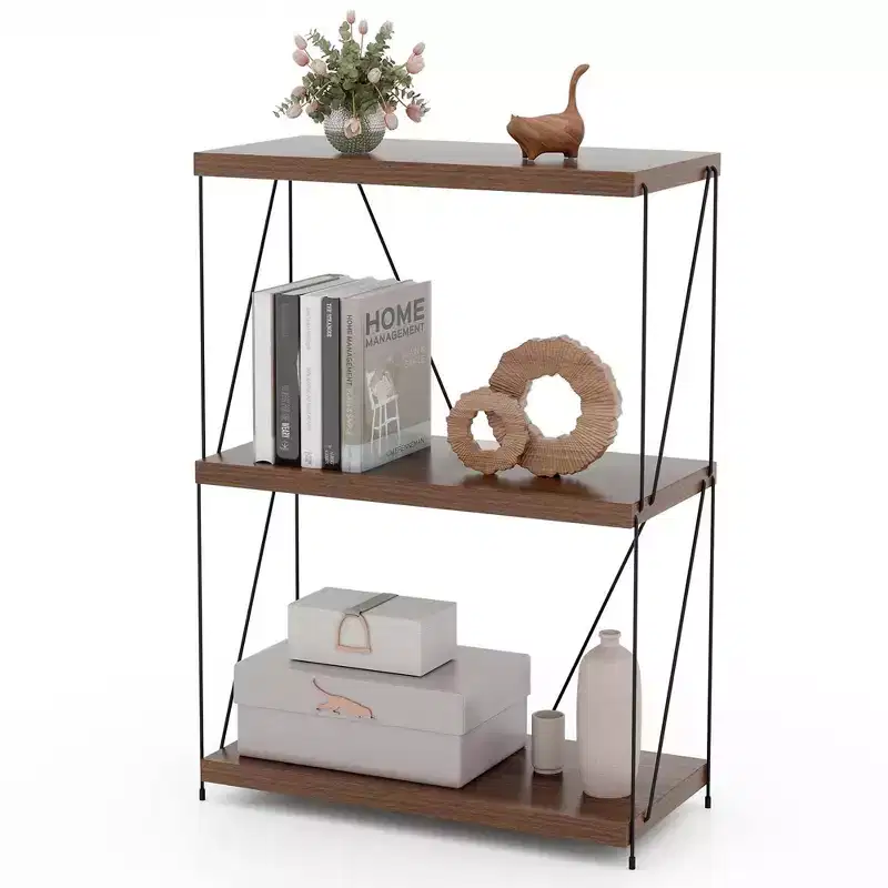 3-Tier Industrial Bookcase Display Rack Metal Frame Walnut Anti-Tip 45 lbs Per Shelf