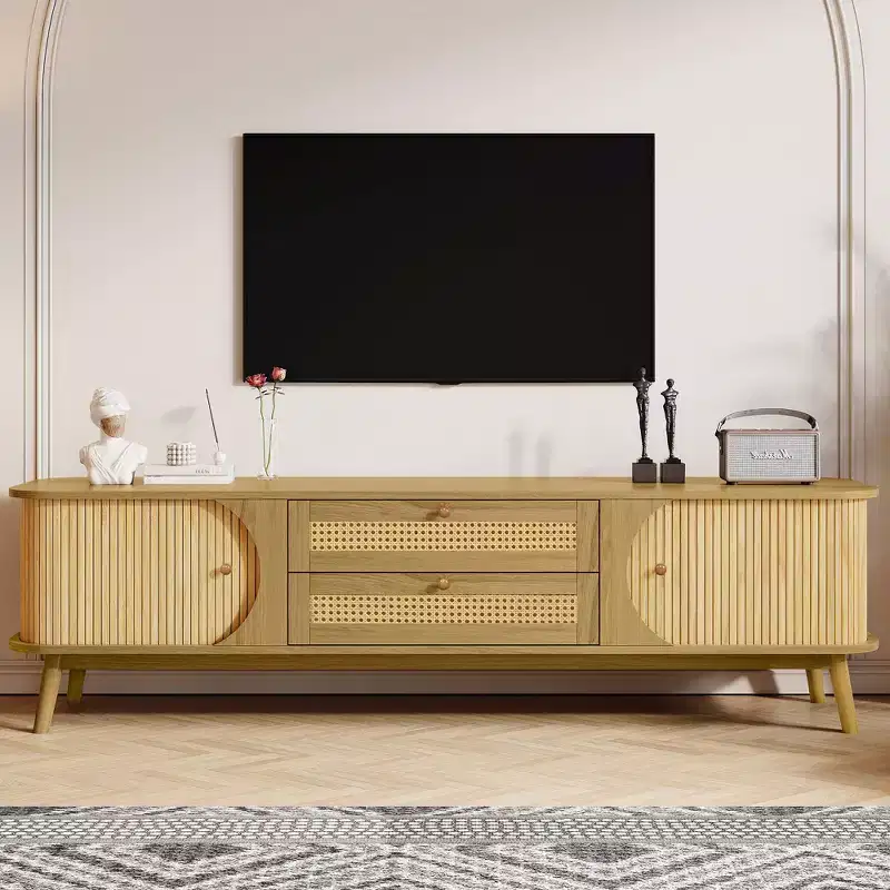 66.93 Inch Natural Rattan TV Stand for TVs up to 75 Inches Media Console with Solid Wood Legs for Living Room Home Theatre