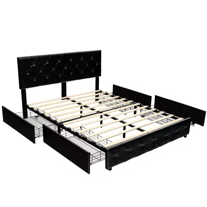 Upholstered Platform Bed with 4 Drawers, PU Leather Button Tufted Headboard