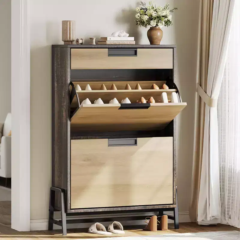 Shoe Storage Organizer with 2 Flip Drawers and 1 Drawer, Freestanding Narrow Shoe Rack and 3-Tier Adjustable Shelves for Entryway,