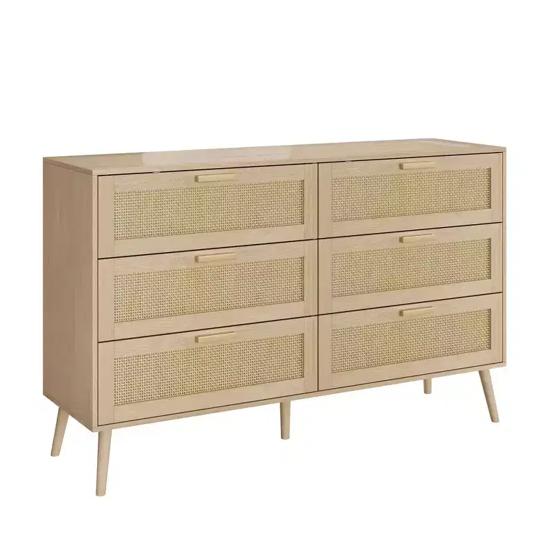 Rattan 6 Drawers Chest of Dressers for Bedroom, Modern 6 Drawer Dresser, Rattan Dresser Storage Cabinet with wood Handles