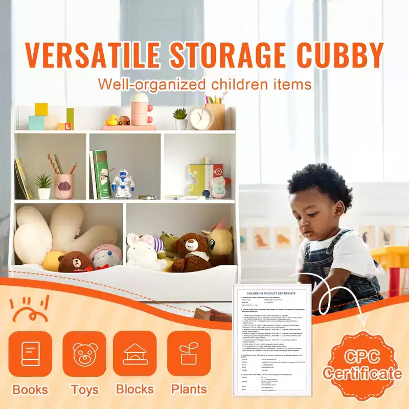Kids Toy Storage Cubby with Bookshelf, 5-Cubby Wooden Toy Organizer Cabinet for Kids Room, Playroom, Nursery & Kindergarten, White