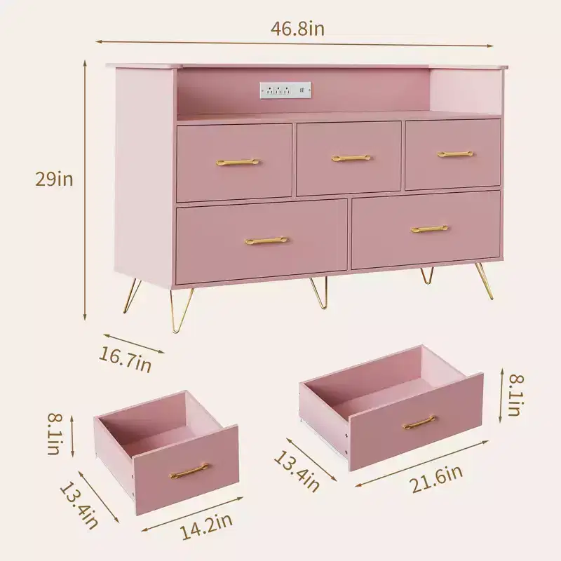 Five-drawer chest of drawers, 47-inch wide, with charging station, freestanding storage cabinet, suitable for wardrobes, hallways, entryways
