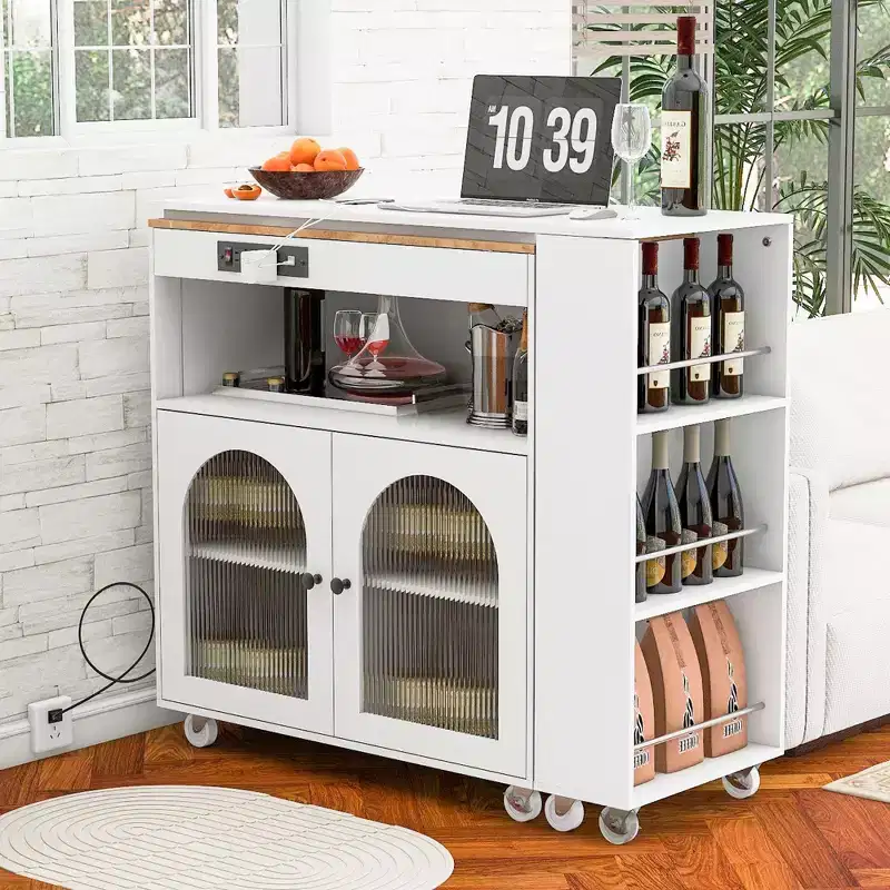 Rolling Kitchen Island with Extendable Table, LED Lights & Power Outlets – 37.12
