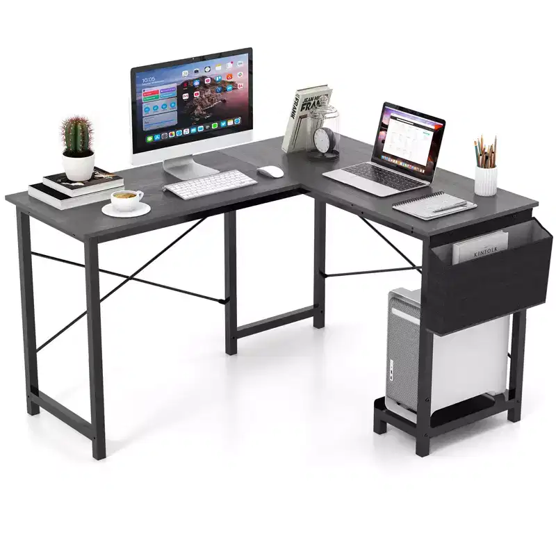 Reversible L-Shaped Computer Desk – Storage Bag, Host Stand, Dark Gray