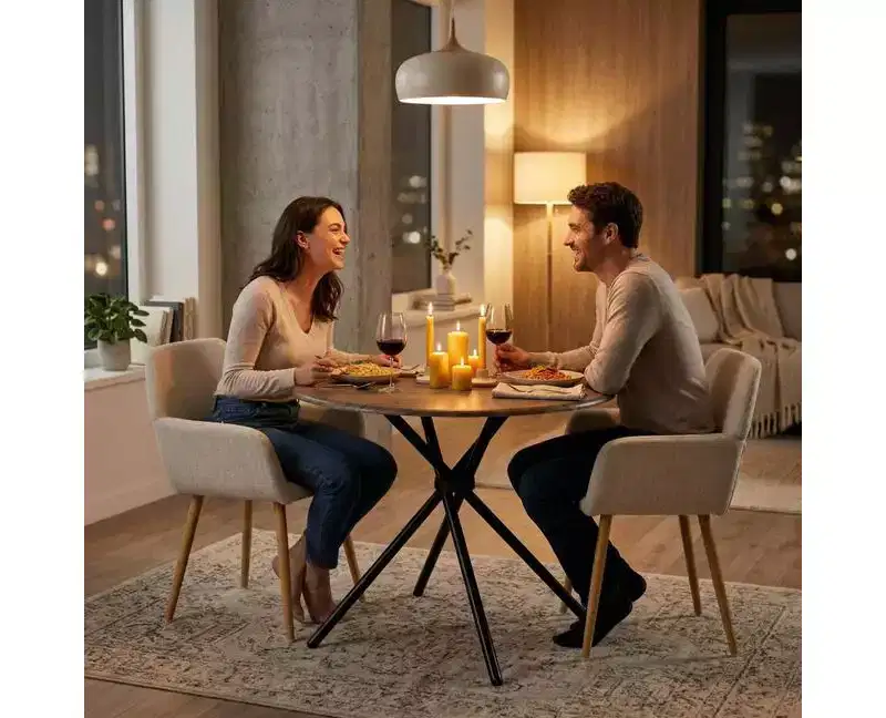 Beige 3-Piece Round Dining Set for 2, Upholstered Armchairs, Metal Frame