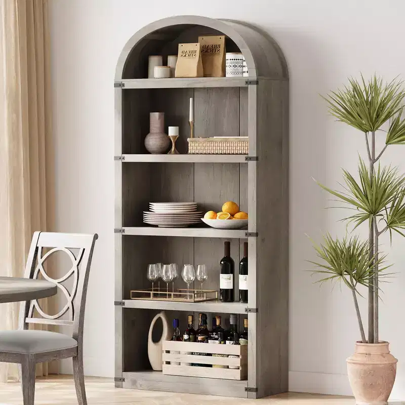 GustoWave 71.65in Tall BookcaseArched Bookshelf Farmhouse Display Storage RackWooden Bookshelves,White/Gray