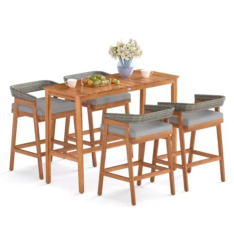 Costway 5 PCS Patio Counter Height Bar Set with 4 Cushioned Barstools Curved Rattan Back