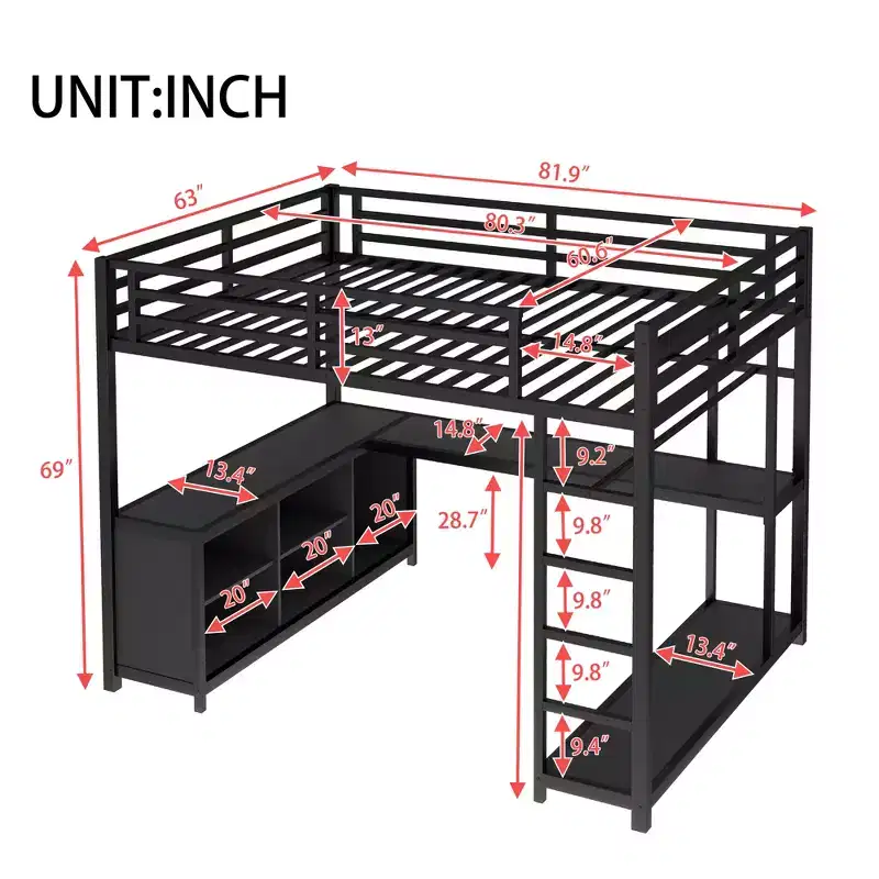 Bellemave Queen Metal Loft Bed with L-Shaped Desk, Wardrobe, Storage Shelves & Cubes, Space-Saving Loft Bed for Teens & Adults, Black