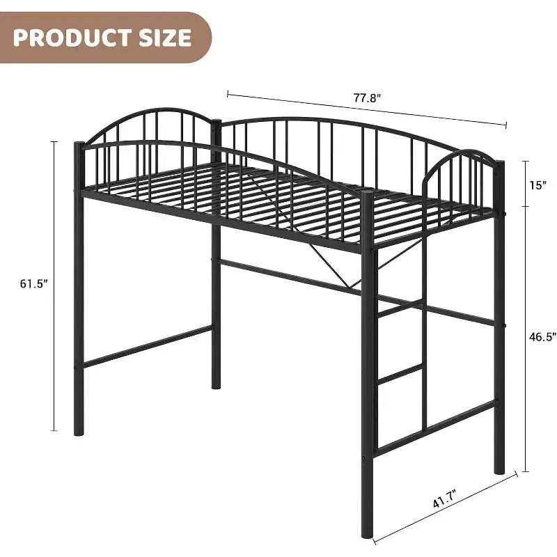 Acekool Twin Loft Bed Frame with Safety Ladder and Arched Guardrail, Metal Frame, Space-Saving, Quiet Design