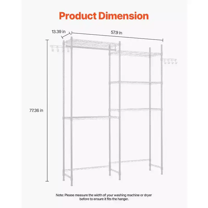 5-Tier Over Washer Dryer Storage Shelf, Adjustable with Hanger Rod & Hooks, White Laundry Space Saver