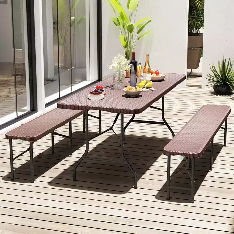 Costway 350 LBS Fold-in-Half Table with Rattan-Like HDPE Tabletop Safe Lock Mechanism