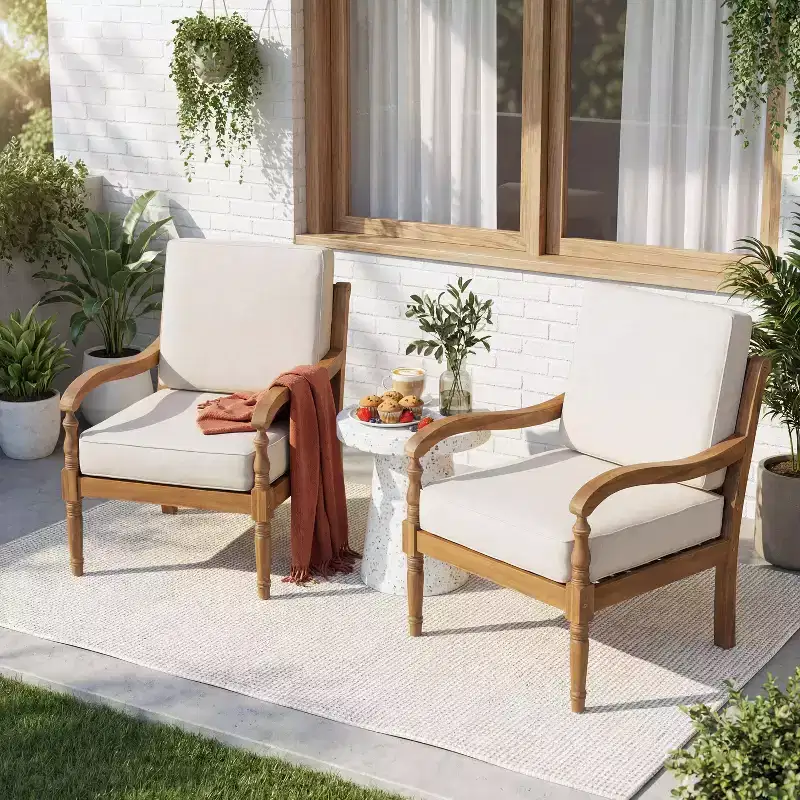 Christopher Knight Home Larry Outdoor Patio Acacia Wood Club Chair with Cushions and Curved Armrests