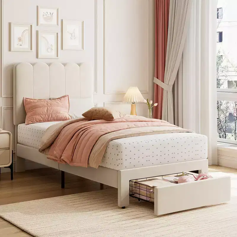 Contemporary Upholstered Twin Platform Bed Frame with Wave Headboard, Storage Drawer, Noise-Free, No Box Needed