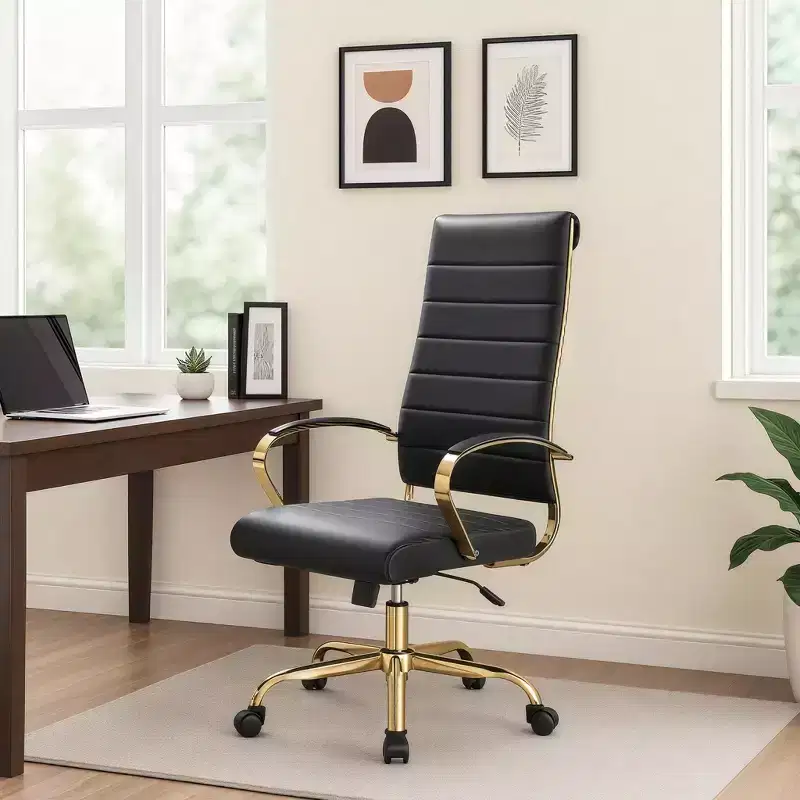 LeisureMod Benmar High-Back Ribbed Leather Office Chair - Modern Swivel & Tilt Executive Desk Chair - Gold Base