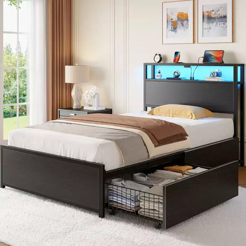 Greenstell Platform Bed - Wooden Bookcase Headboard, 4 Drawers, Dimmable LED Lights & Safe USB Charging, Easy Assembly