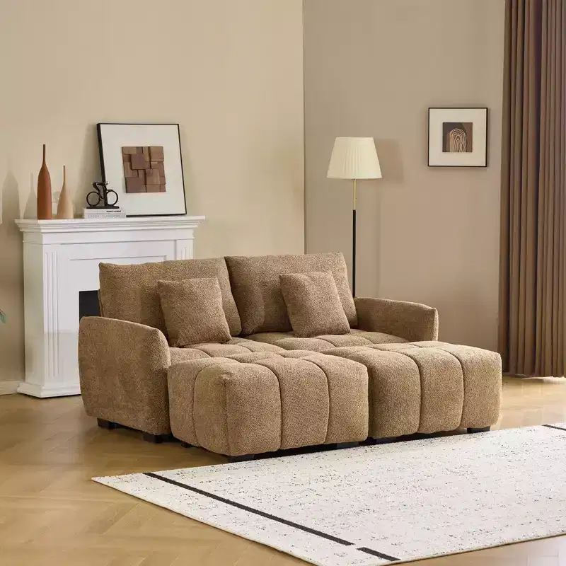 Karl Home |77 in.W Round Arm Boucle L-shaped American Tufed Sofa in Green with Ottoman
