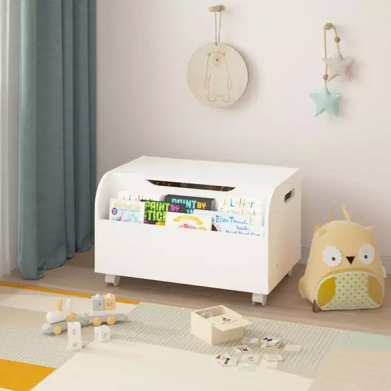 Kids Toy Box Chest Bench With Front Bookshelf Flip-Top Lid Safety Hinge Wooden Toy Storage Organizer