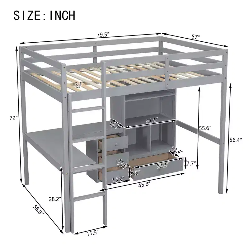 Bellemave Full Loft Bed with Desk, Storage Shelves and Drawers,Wood Loft Bed Frame with Guardrails and Built-in Ladder for Teens and Adults