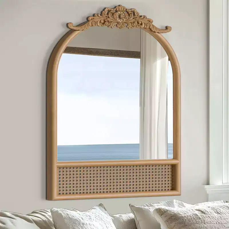 Natural Wood Base Woven Rattan Carved Arch Wall Mirror