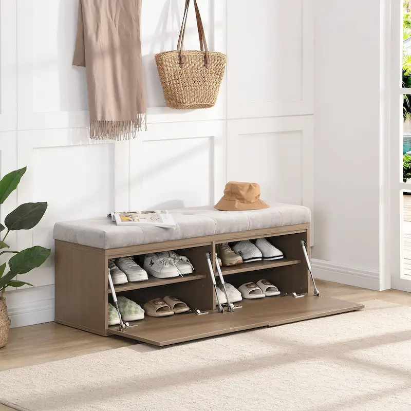 49 Shoe Storage Bench, Entryway Shoe Cabinet Storage Ottoman with Padded Seat Cushion and Double Doors for Entryway, Hallway