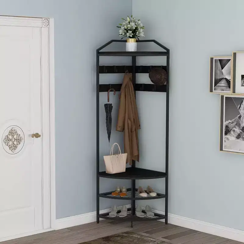 Corner Coat Rack, Modern Metal Clothes Racks Corner Hall Tree Clothing Floor Freestanding Garment with Shelves Storage for Bedroom Living Room