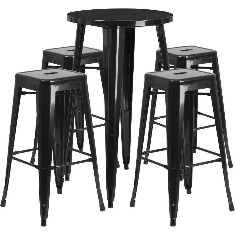 Emma and Oliver Commercial Grade 24 Round Metal Indoor-Outdoor Bar Table Set, 4 Backless Stools