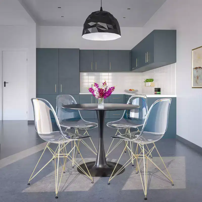 LeisureMod 5-Piece Dining Set with 35 Round Iron Pedestal Dining Table and 4 ABS Plastic Side Chairs with Gold Base