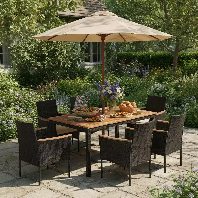 Gymax 7PCS Outdoor Patio Dining Set w/ Armrest Cushioned Chairs Acacia Wood Surface Umbrella Hole for Garden Backyard Poolside
