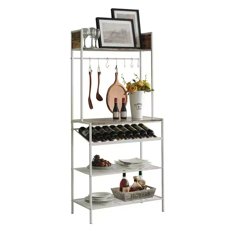 Kings Brand Furniture Lindsay Red Tile Bakers Rack with 9 Wine Bottle Capacity Rack & 8 Hooks - Kitchen Storage Organizer