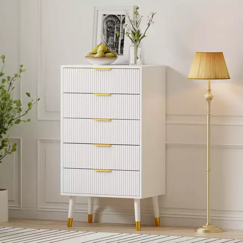 Modern 5-Drawer Dresser for Bedroom, 57 Wide Fluted Wood Chest of Drawers