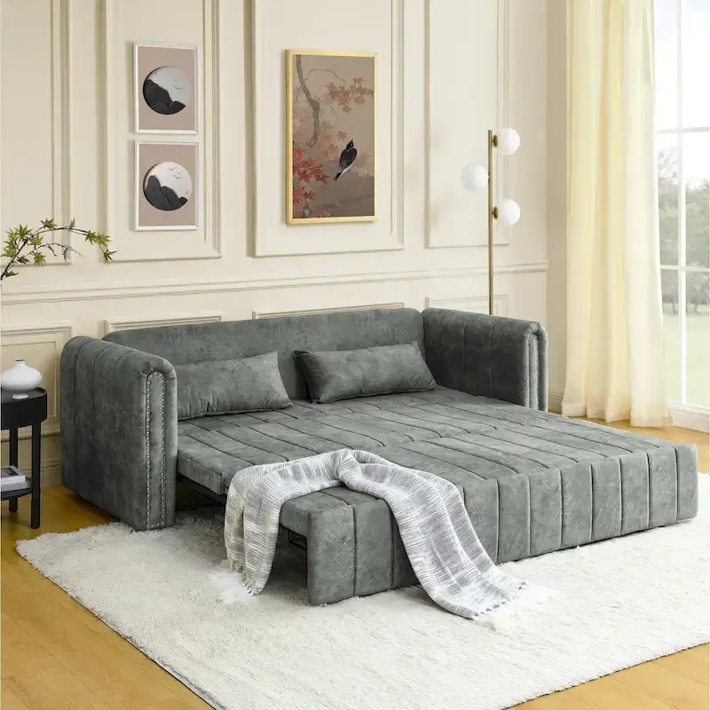 Modern Upholstered 3 in 1 Pull-Out Bed Sleeper w/ Rolled Arms & Copper Nails, Convertible Futon Daybed, Black