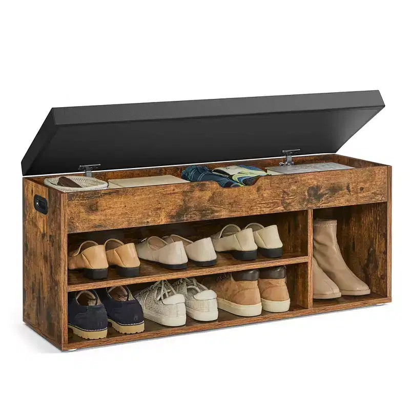 VASAGLE Shoe Bench, Storage Bench with Cushion, Shoe Rack Bench with Padded Seat, 3 Compartments, Hidden Storage, Shelves,Rustic Brown and Black