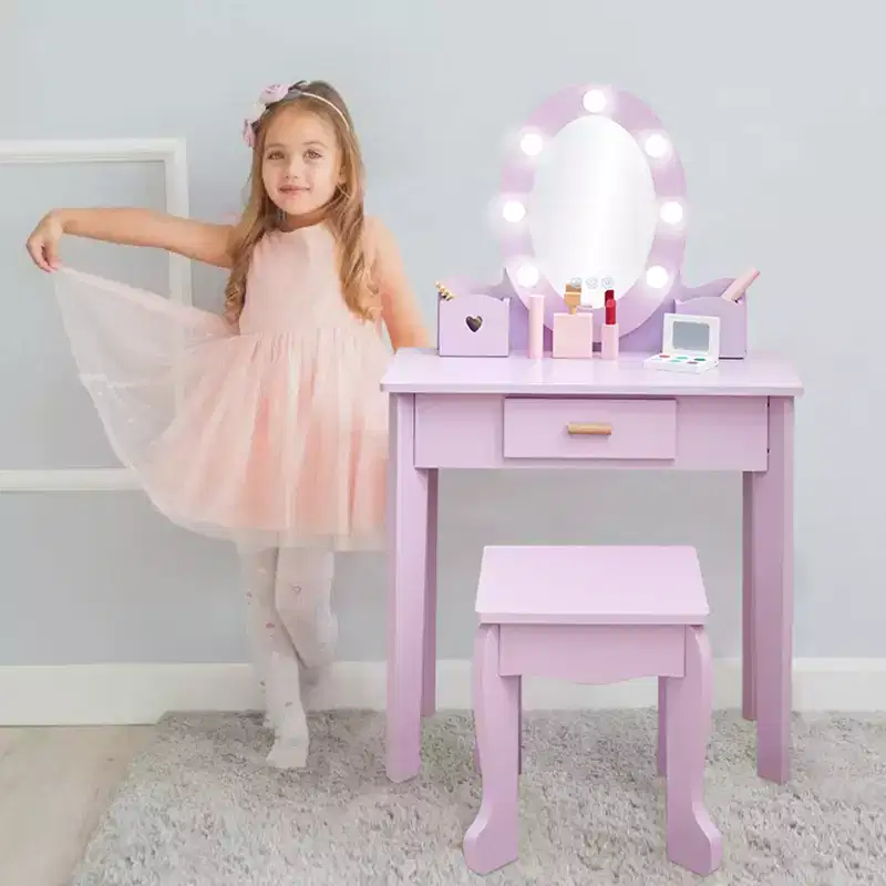 Girls' Vanity Set with Mirror, Makeup Table and Stool for Kids, Wood Dressup Playset for 4-9, Purple