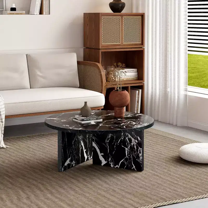 31.5 Black Round MDF Coffee Table, Modern Minimalist Nordic Scratch-Resistant Table for Living Room Office Bedroom