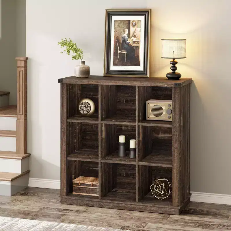 9 Cube Storage Organizer Bookshelf, 4 Tier Farmhouse Horizontal Bookcase, 37.4 Inch Wood Storage Bookcas