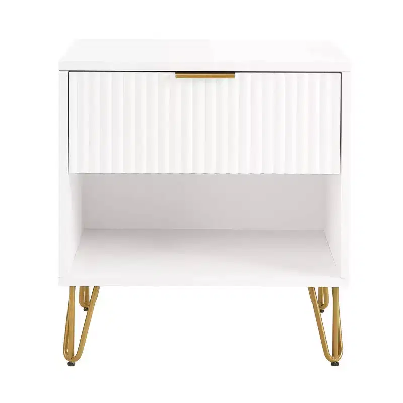 Manhattan Comfort Dumbo Nightstand with Drawer White: Modern Bedside Table, Metal Glides, Storage Shelf