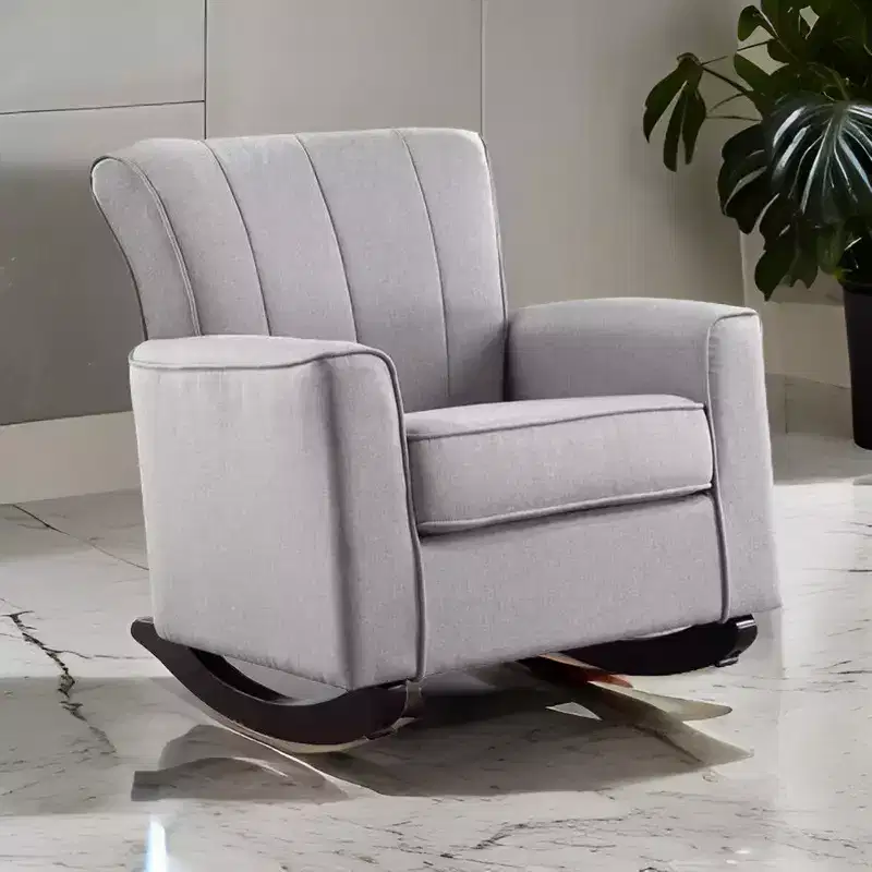 Royal Hampton 34 Inch Rocking Chair, Wood Frame, Vertical Channel Tufted Gray Linen