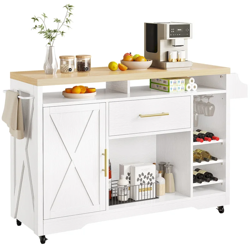 Moasis 47 Wide Rolling Kitchen Island with Wine Storage Cabinet Drawer Power Outlet
