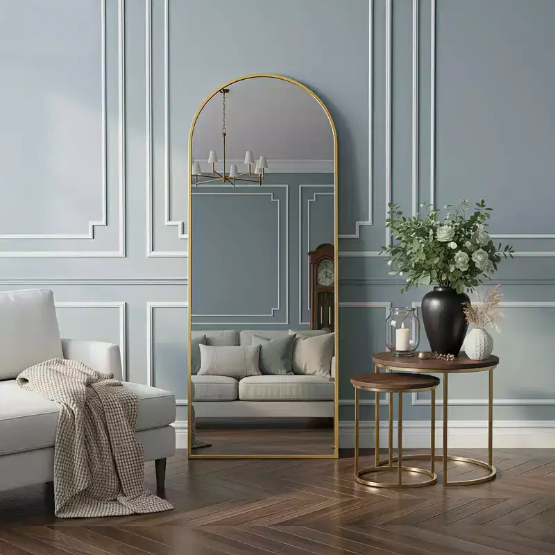 MAYEERTY Aluminum Full-Length Mirror 57x20in, Gold, Arch Shape, Tempered Glass, With Stand