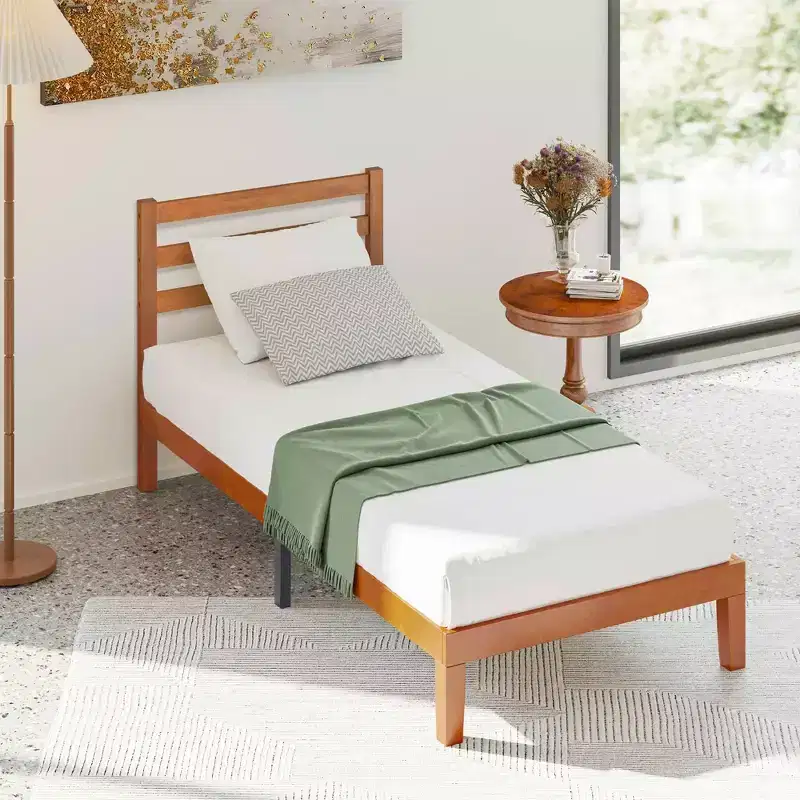1100 LBS Heavy Duty Solid Wood Bed Frame Mattress Base with Headboard Wooden Slat Support No Box Spring Needed