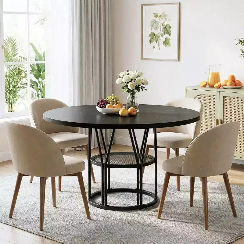 Round Dinning Table for 4-6, 47in Circle Kitchen Table with Storage Shelf & Sturdy Metal Frame, Modern Dinner Table for Kitchen, Living Room
