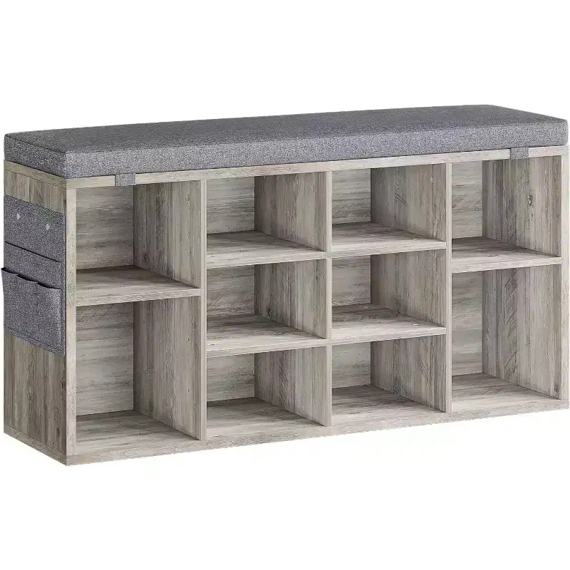 41 Shoe Bench with Padded Seat, Adjustable Shelves and Side Pockets, 10-Cube Storage Organizer for Entryway