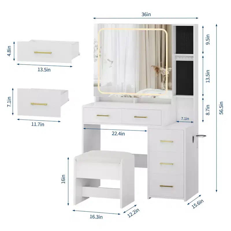 COZONY Makeup Vanity Set with Mirror & Lights, Vanity Desk with 5 Drawers, Stool & Power Outlet, 3-Color Adjustable Lighting Dressing Table