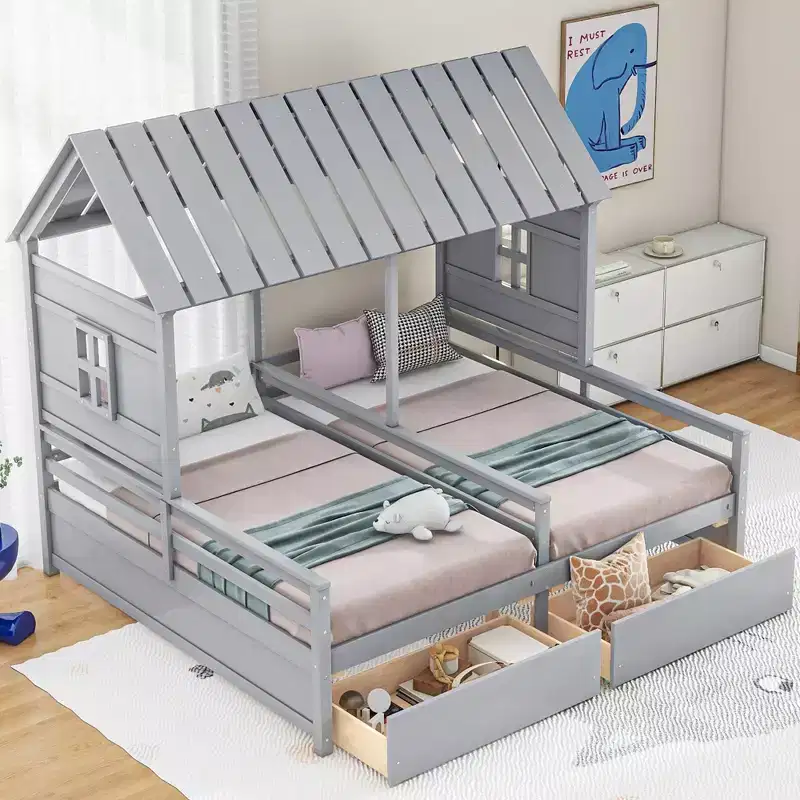 Whisen House Platform Beds with Two Drawers for Boy and Girl Shared Beds