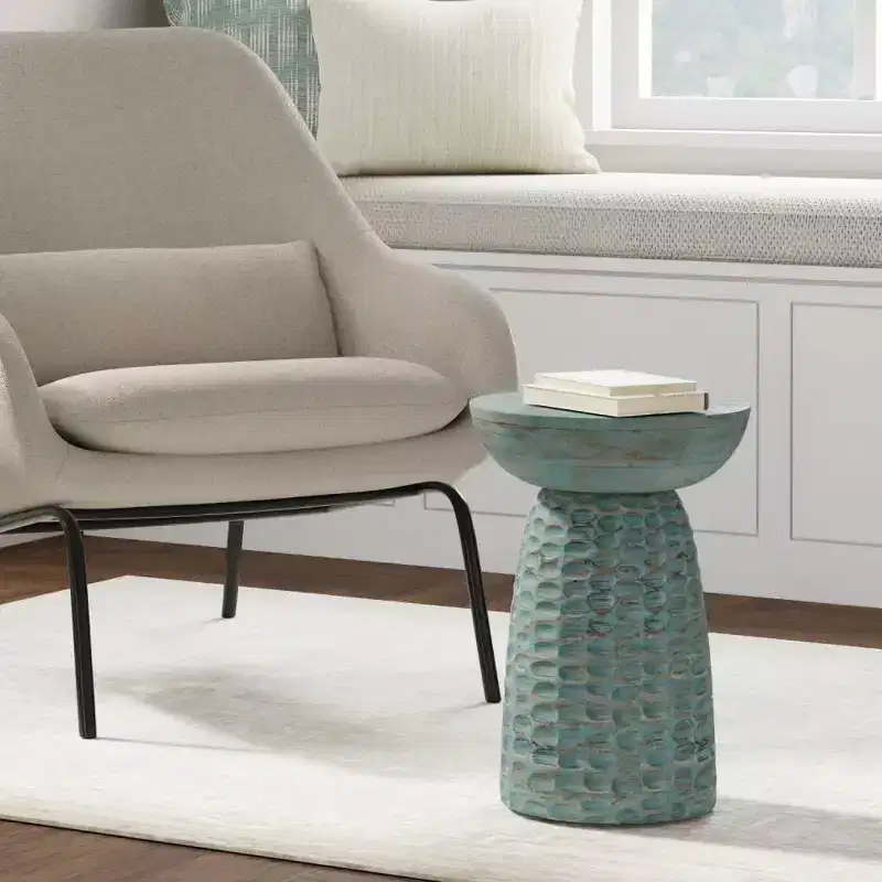 Round Mango Wood Accent Side Table, Teal Wash, Scratch-Resistant, 17.7