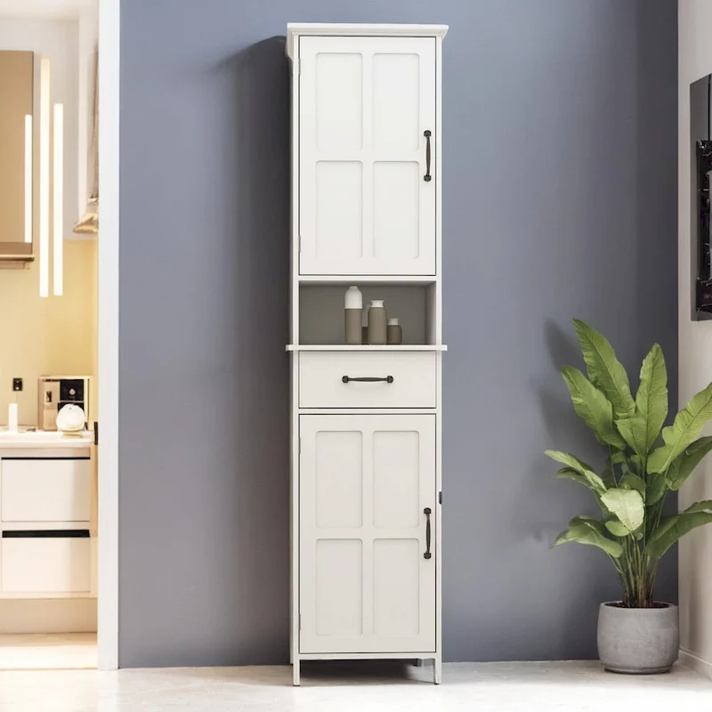 64.96Tall Narrow Storage Cabinet, Bathroom Slim Floor Freestanding Cabinet with Two Doors for Bathroom,White