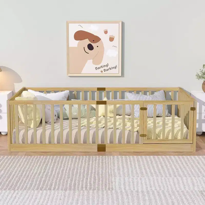 Clihome Rubber Wood Floor Bed with High Fence Guardrails & Door (Includes 6 Slats)
